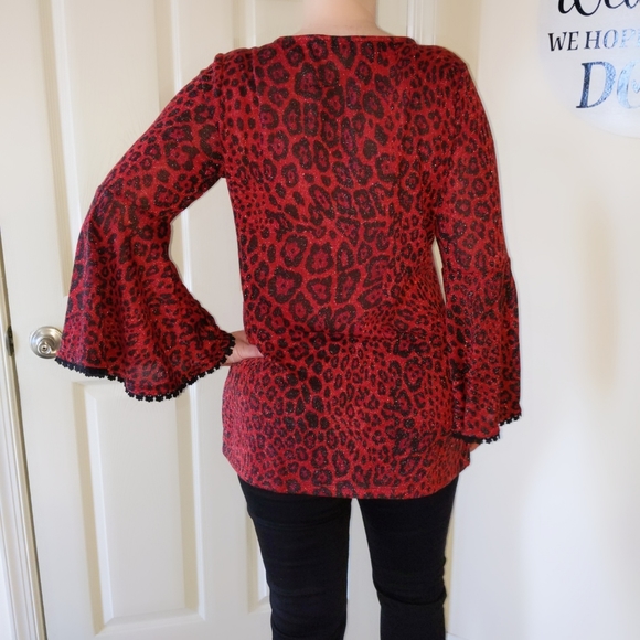 Susan Graver Sparkly Red Leopard Sweater with Bell Sleeves  size S - Picture 2 of 14